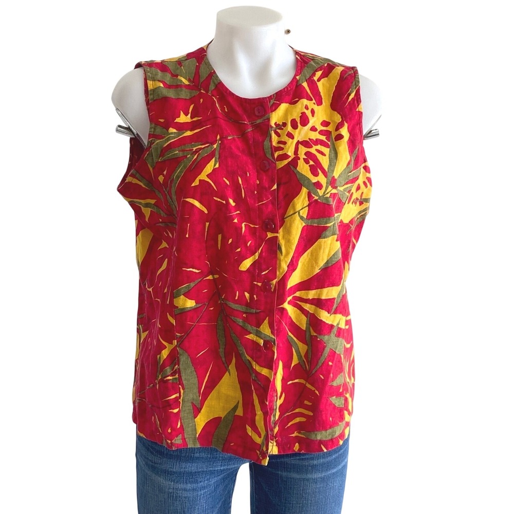 3/$25 Marla K Women Red Yellow Tropical Leaf Print Linen Cotton Buttoned Top M